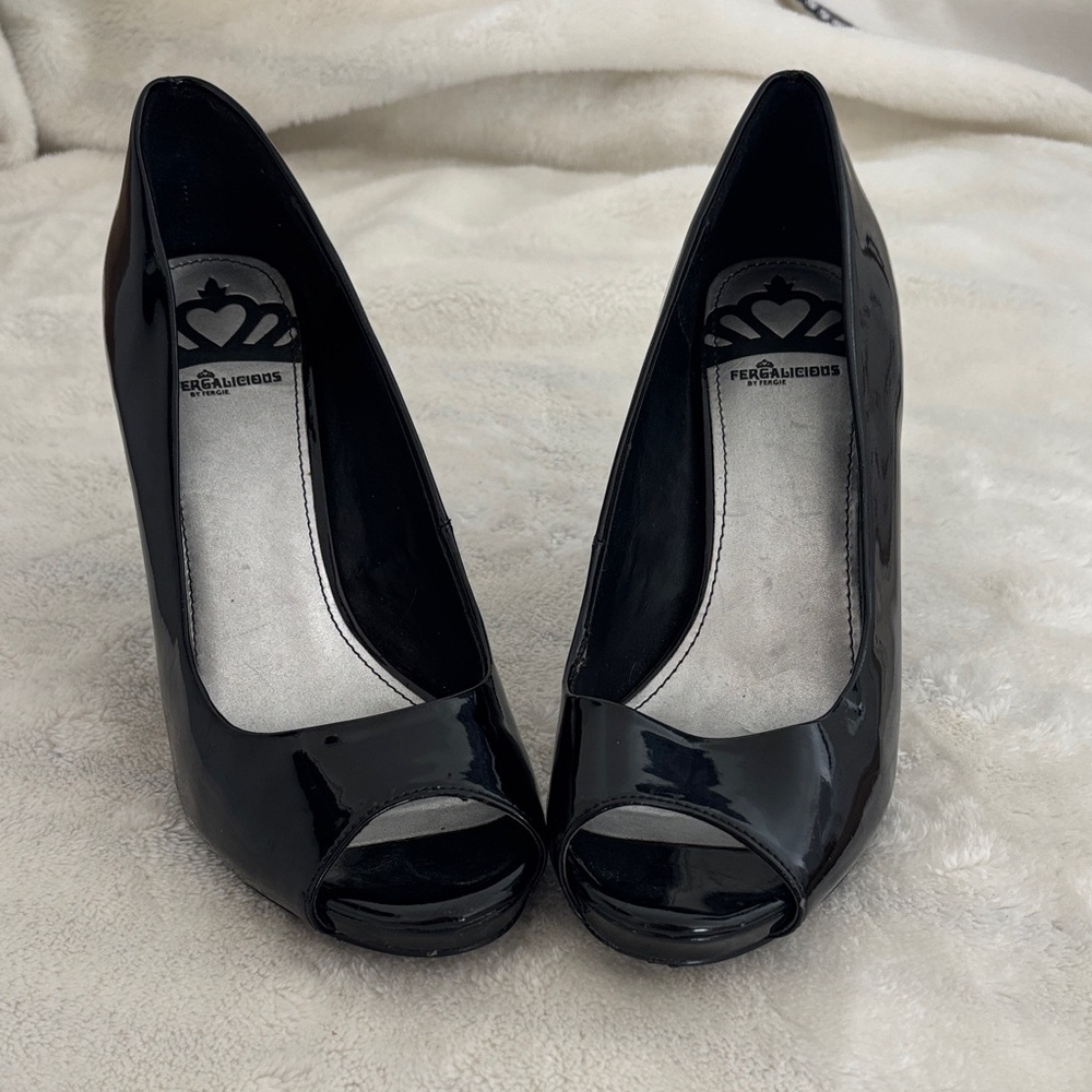 Fergalicious Glossy Black Peep Toe Heels